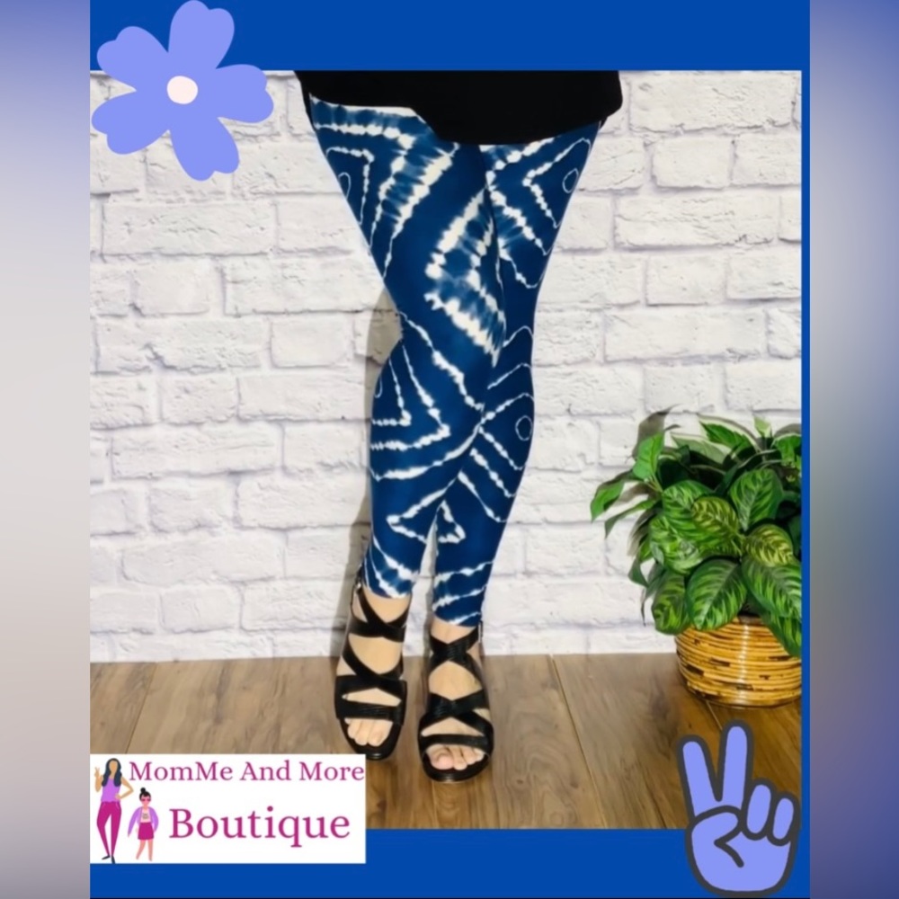 OS NEW Women Blue White Tie-Dye Print Leggings Soft Yoga Pants Fit 0-10 - Picture 5 of 6